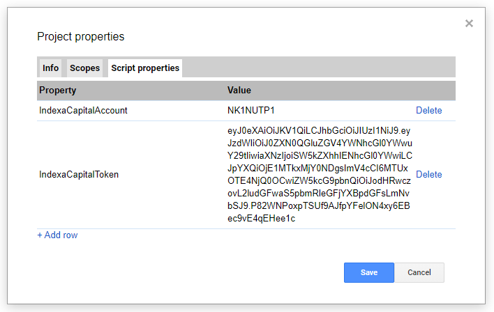 Ejemplo de script properties en Google Sheets.